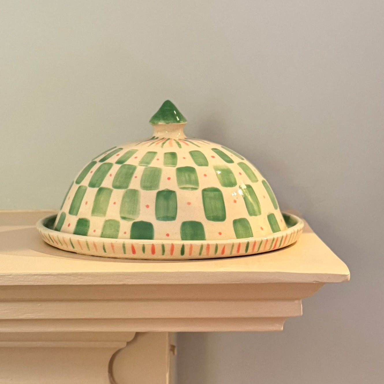 Decorative green and white checkered ceramic butter dish hand painted