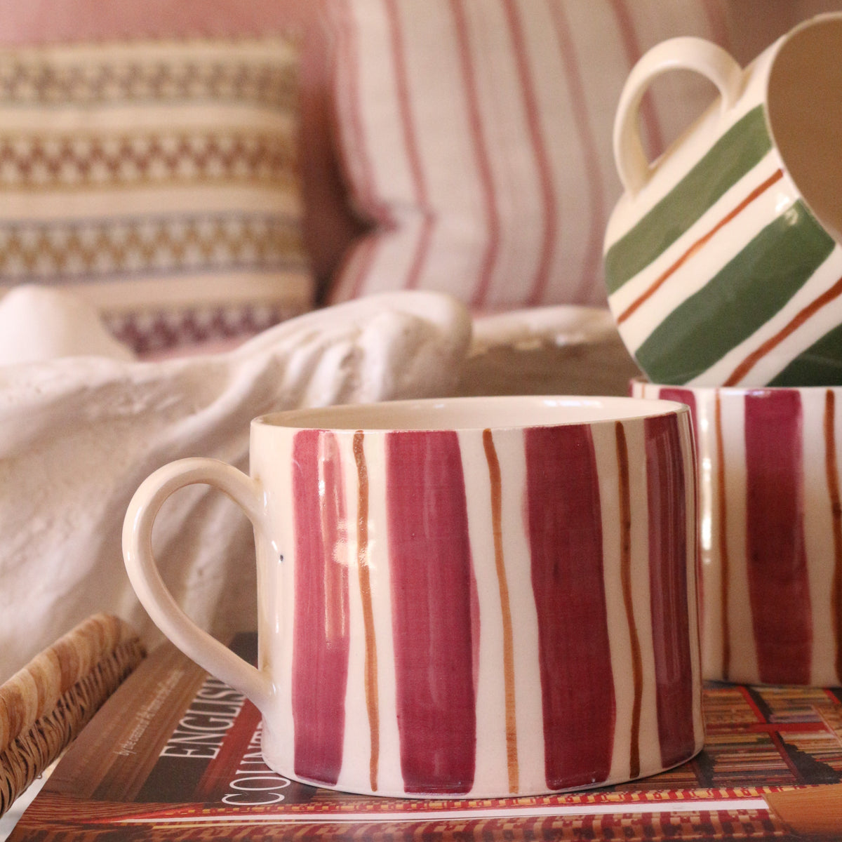 Burgundy_and_mustard_brown_stripe_ceramic_mug_for_coffee_lovers_and_tea