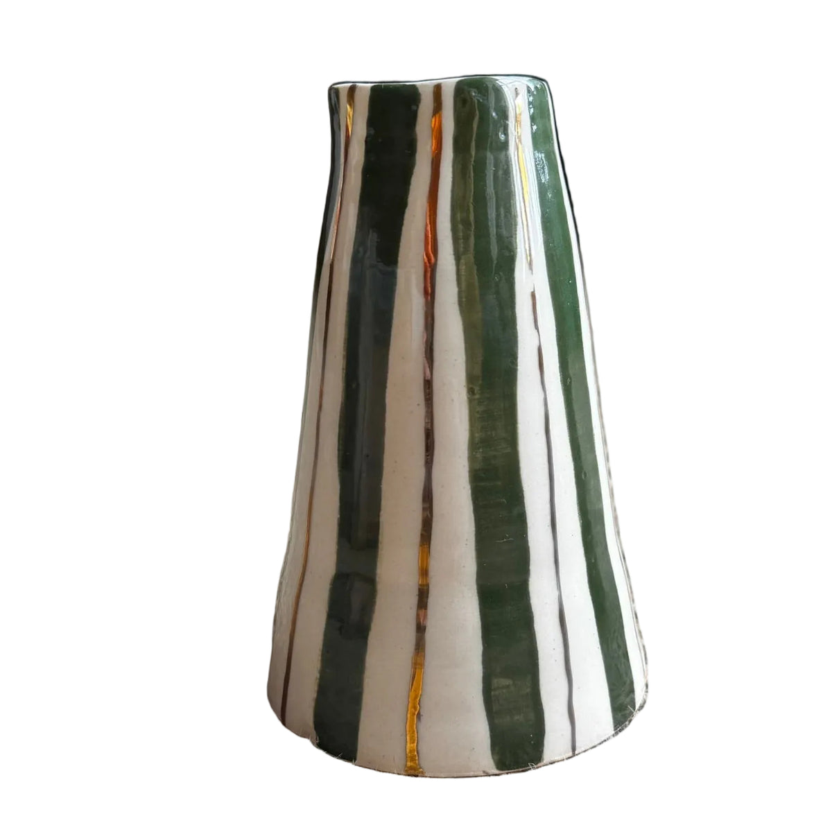 A small tapered ceramic vase with vertical green, white, and thin gold stripes, standing on a textured beige carpet in an indoor room setting.