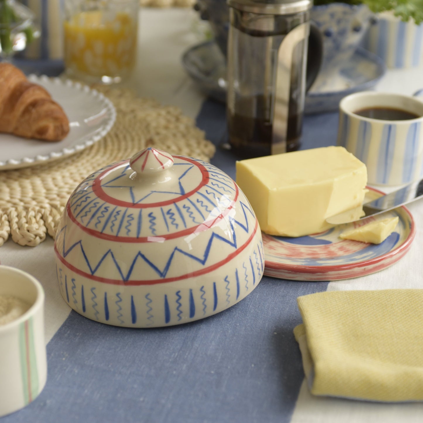 Butter Dish - Red & Blue Aztec