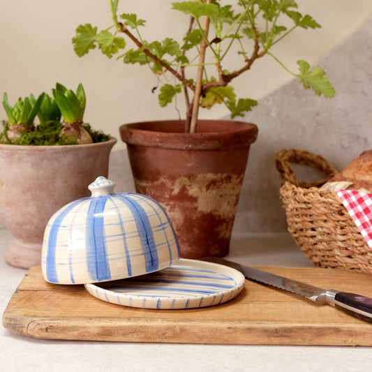 Butter Dish - Blue & Blue Gingham Stripes