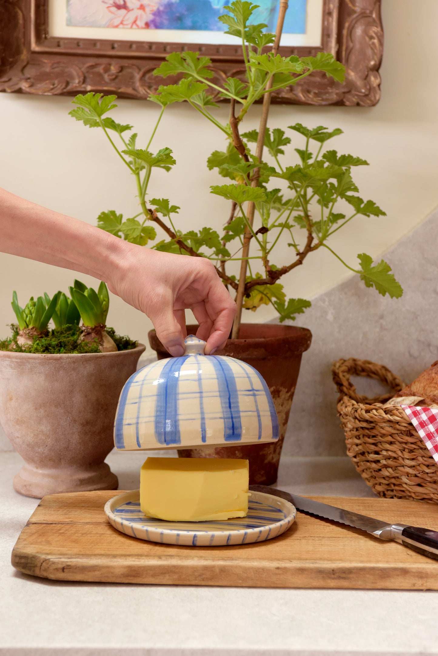 Butter Dish - Blue & Blue Gingham Stripes