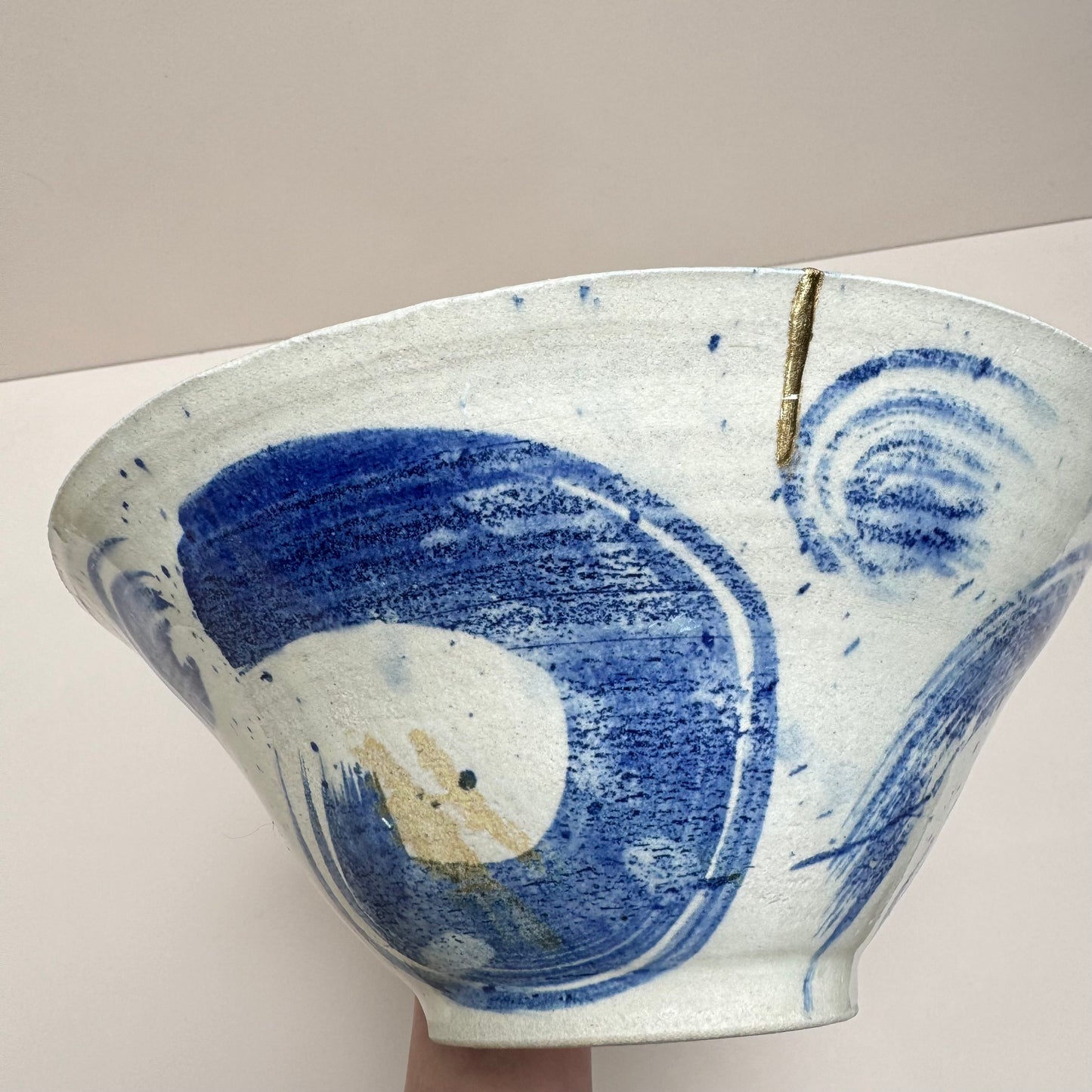 Serving bowl with paint brush strokes & gold crack