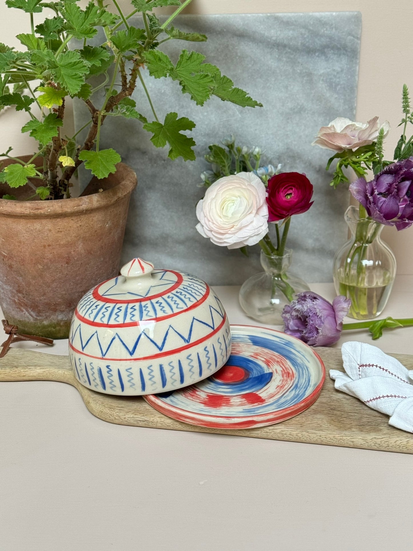 Butter Dish - Red & Blue Aztec